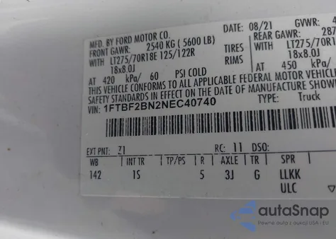 2022 Ford F-250 Xl из США, поврежденный, VIN 1FTBF2BN2NEC40740